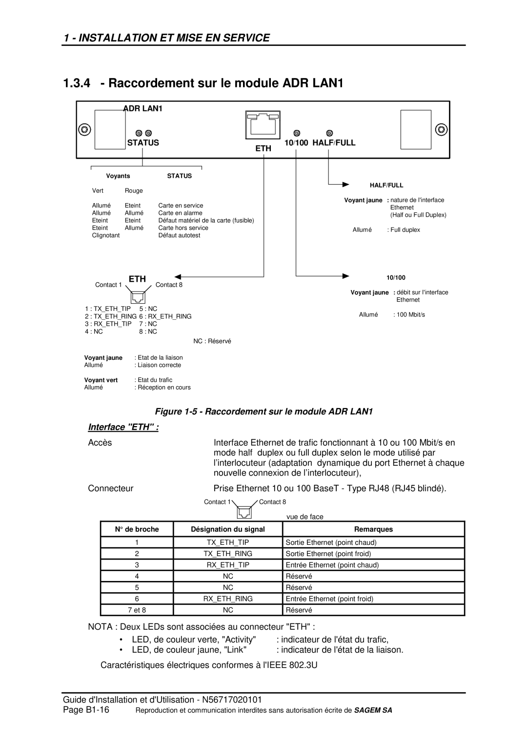 Sagem ADR 155C manual Raccordement sur le module ADR LAN1 Interface ETH 