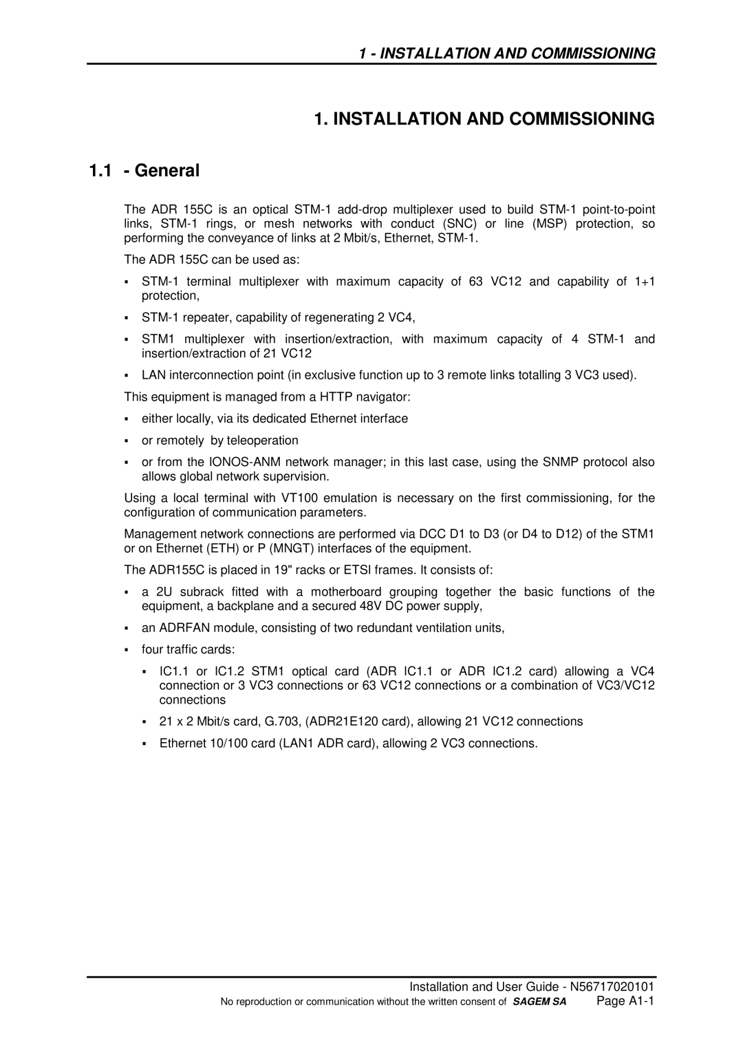 Sagem ADR 155C manual Installation and Commissioning, General 