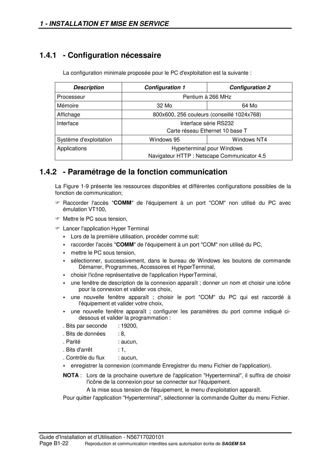 Sagem ADR 155C manual Configuration nécessaire, Paramétrage de la fonction communication 