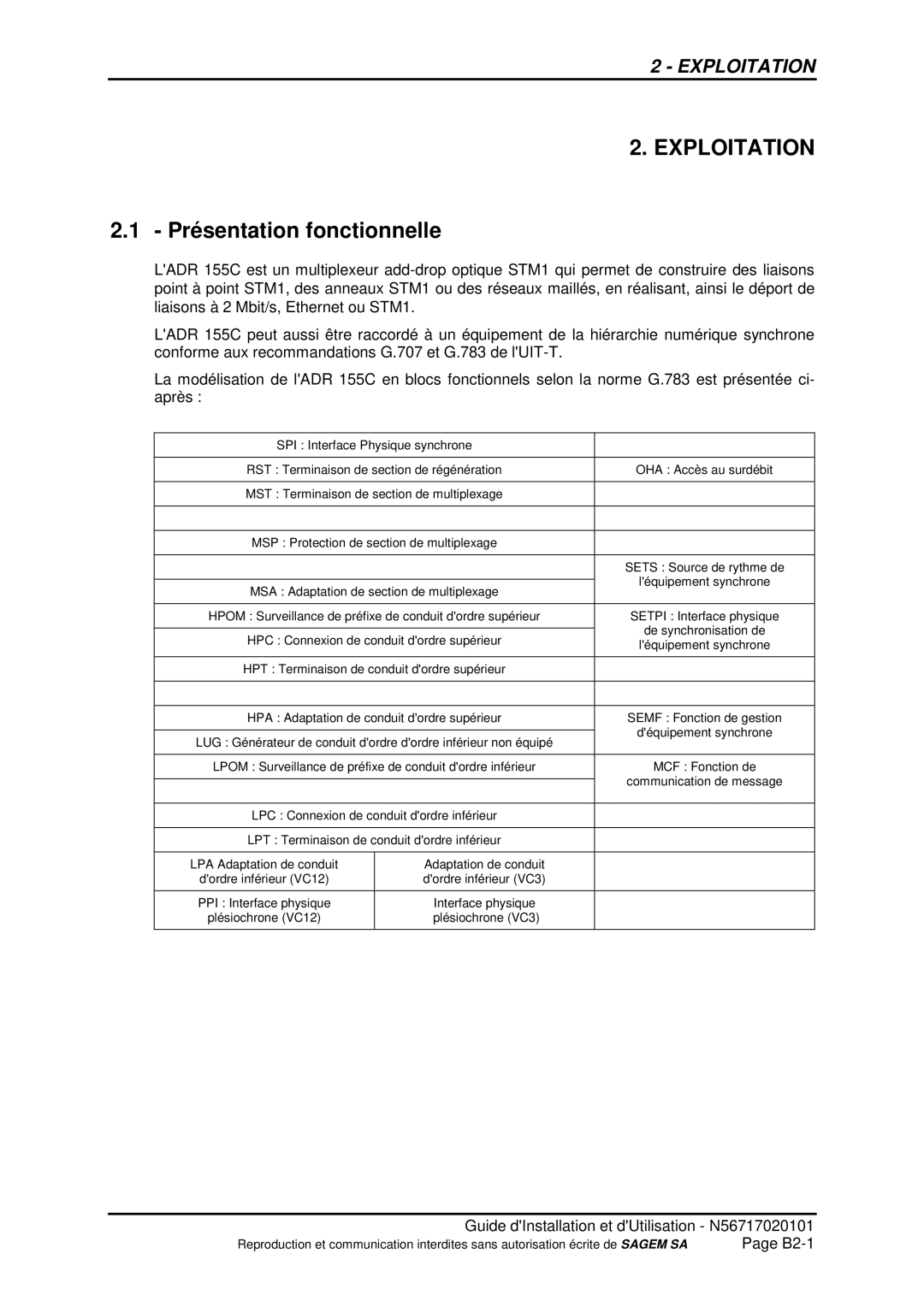 Sagem ADR 155C manual Exploitation, Présentation fonctionnelle 