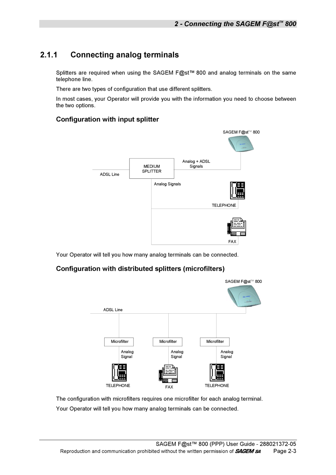 Sagem F@ST 800 manual Connecting analog terminals, Configuration with input splitter 