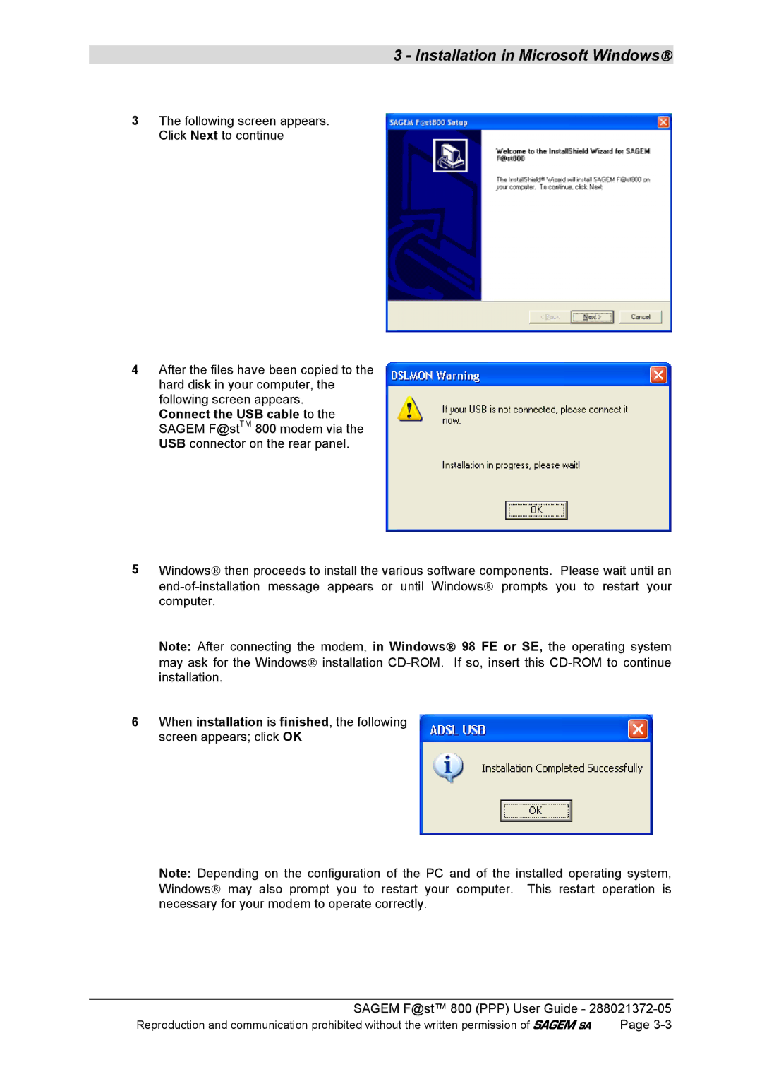 Sagem F@ST 800 manual Installation in Microsoft Windows 