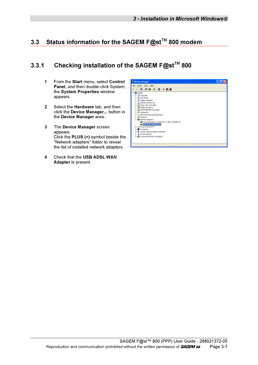 Sagem F@ST 800 manual Device Manager screen appears 