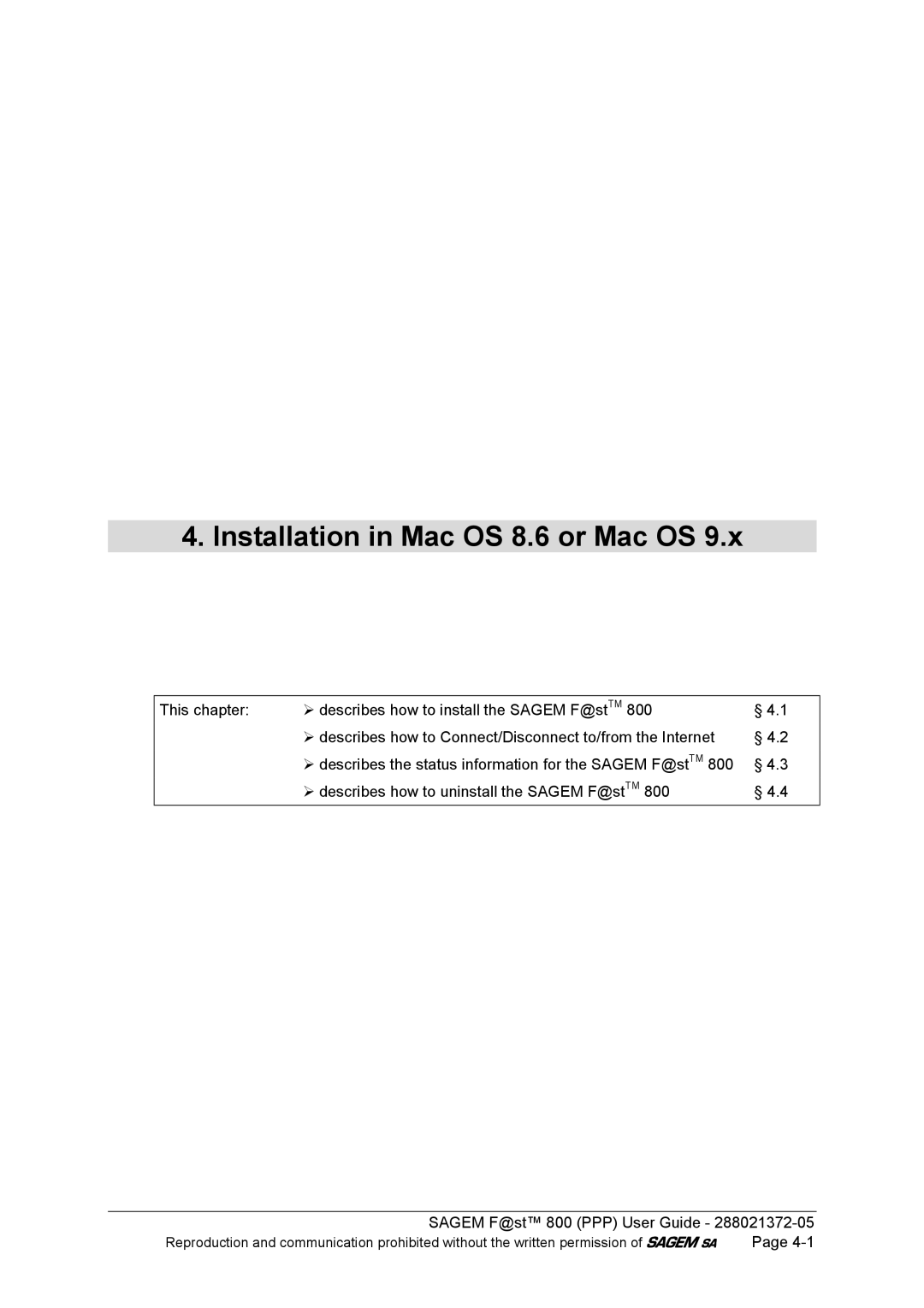 Sagem F@ST 800 manual Installation in Mac OS 8.6 or Mac OS 