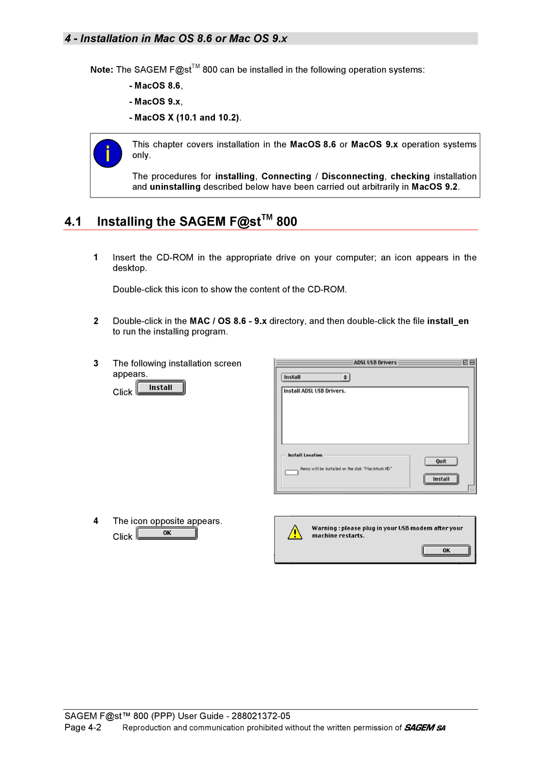 Sagem F@ST 800 manual Installation in Mac OS 8.6 or Mac OS, MacOS MacOS X 10.1 