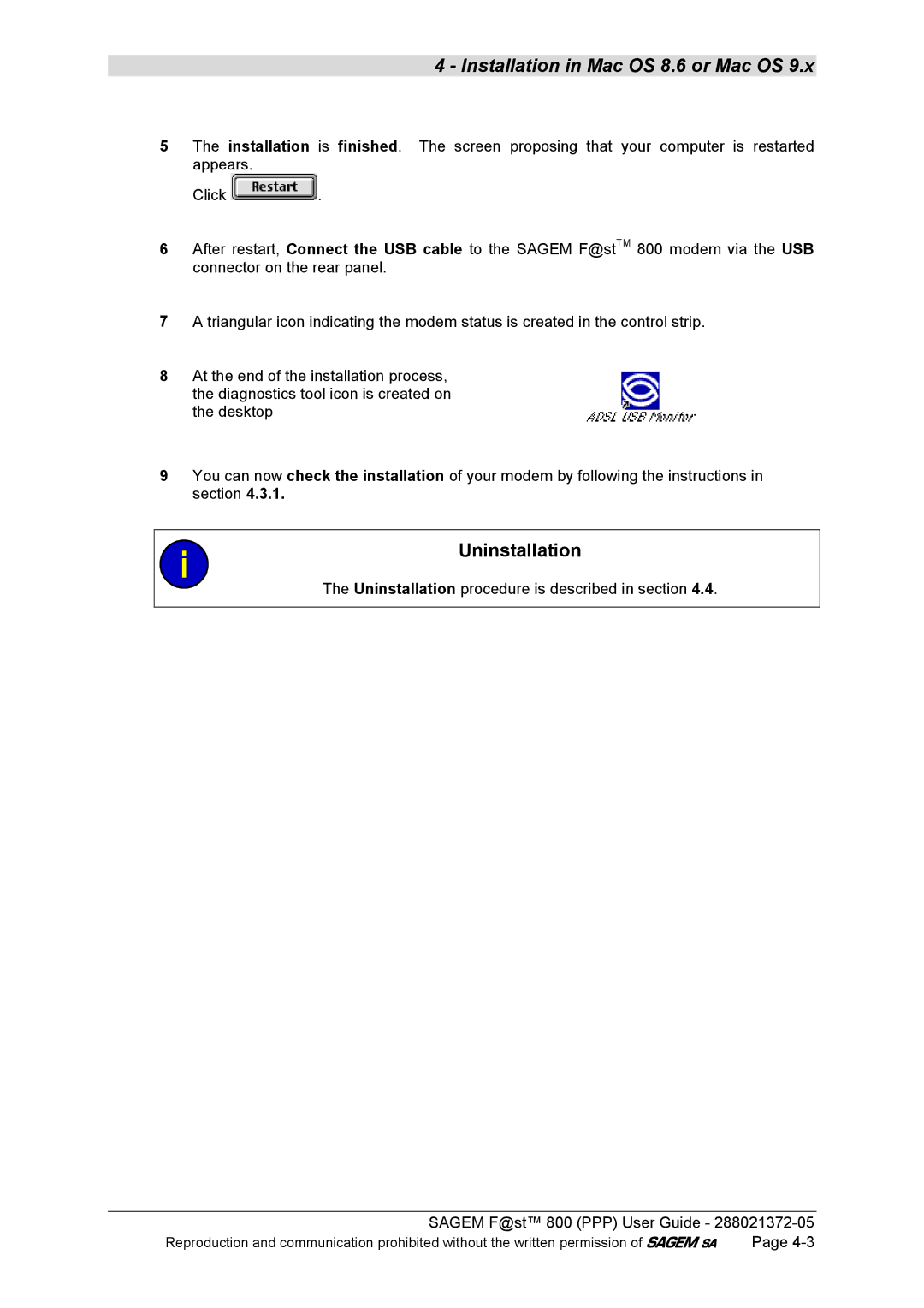 Sagem F@ST 800 manual Uninstallation procedure is described in section 