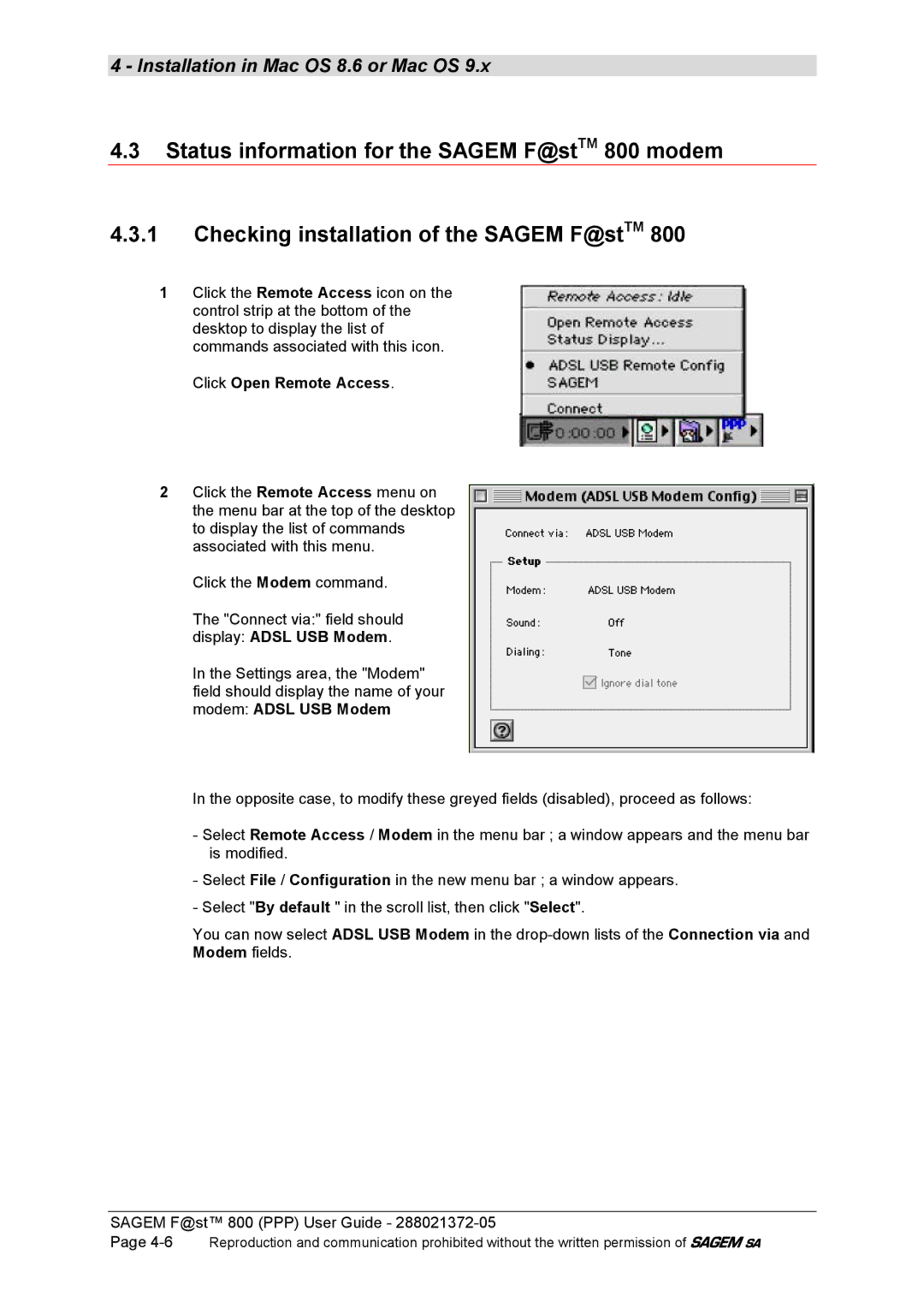 Sagem F@ST 800 manual Click Open Remote Access 