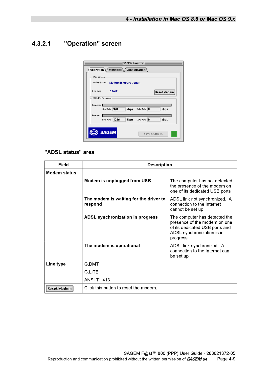 Sagem F@ST 800 manual Operation screen, Adsl status area, Adsl synchronization in progress, Modem is operational, Line type 