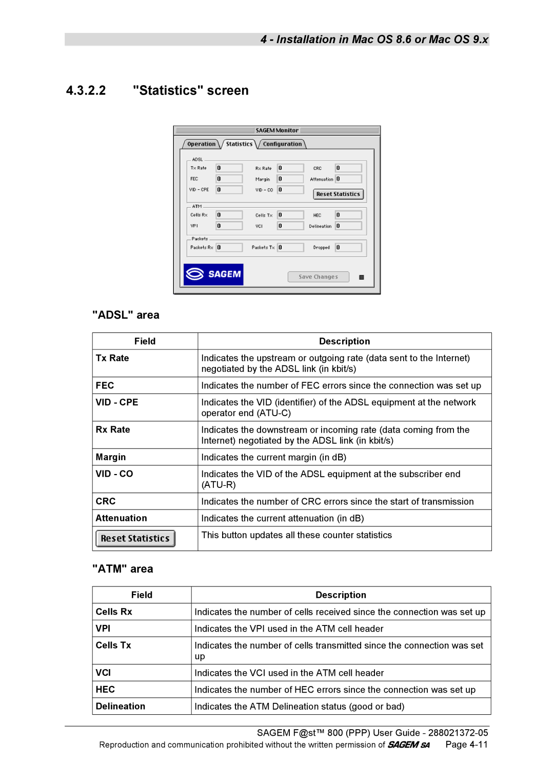 Sagem F@ST 800 manual Statistics screen, Adsl area, ATM area 