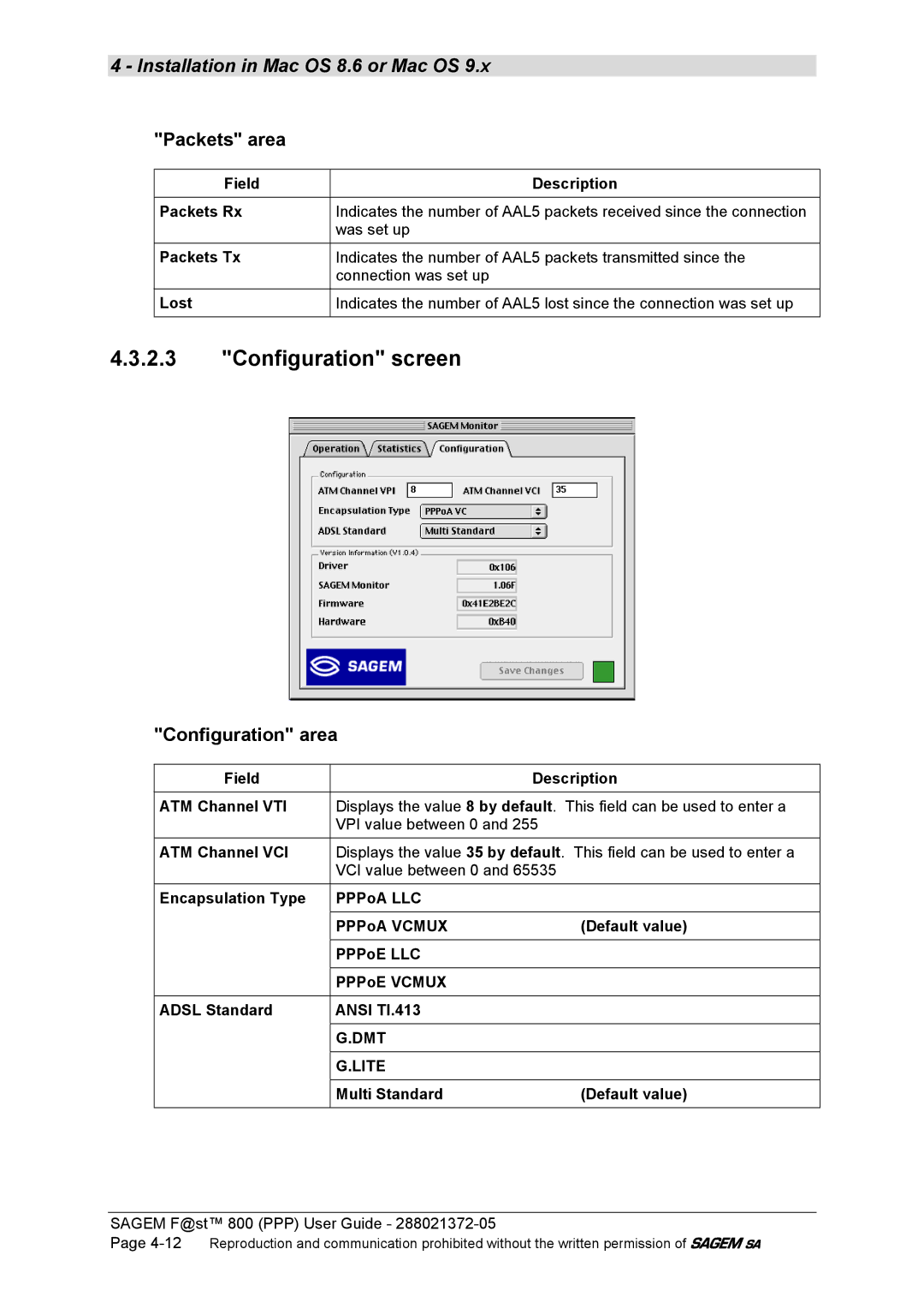 Sagem F@ST 800 manual Configuration screen, Packets area, Configuration area, Multi Standard Default value 