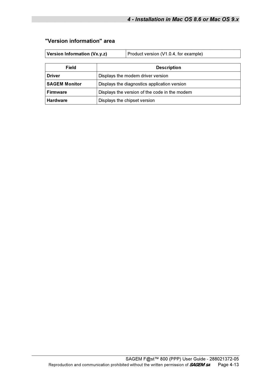 Sagem F@ST 800 manual Version information area 