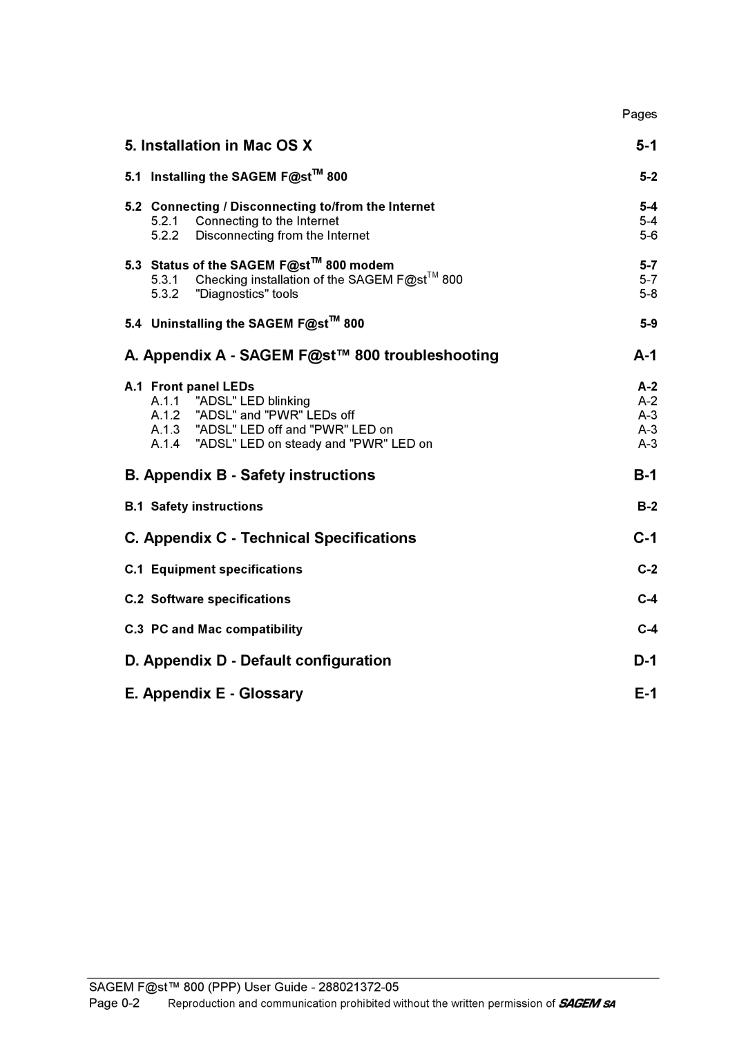 Sagem F@ST 800 manual Installation in Mac OS, Appendix a Sagem F@st 800 troubleshooting, Appendix B Safety instructions 