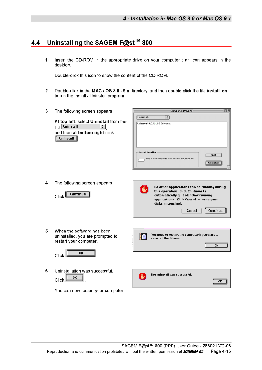 Sagem F@ST 800 manual Uninstalling the Sagem F@stTM, At top left, select Uninstall from 