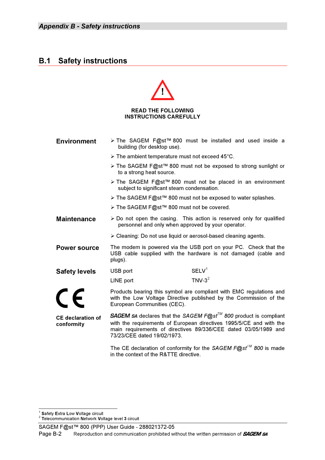 Sagem F@ST 800 manual Safety instructions, Environment Maintenance Power source Safety levels, CE declaration of conformity 