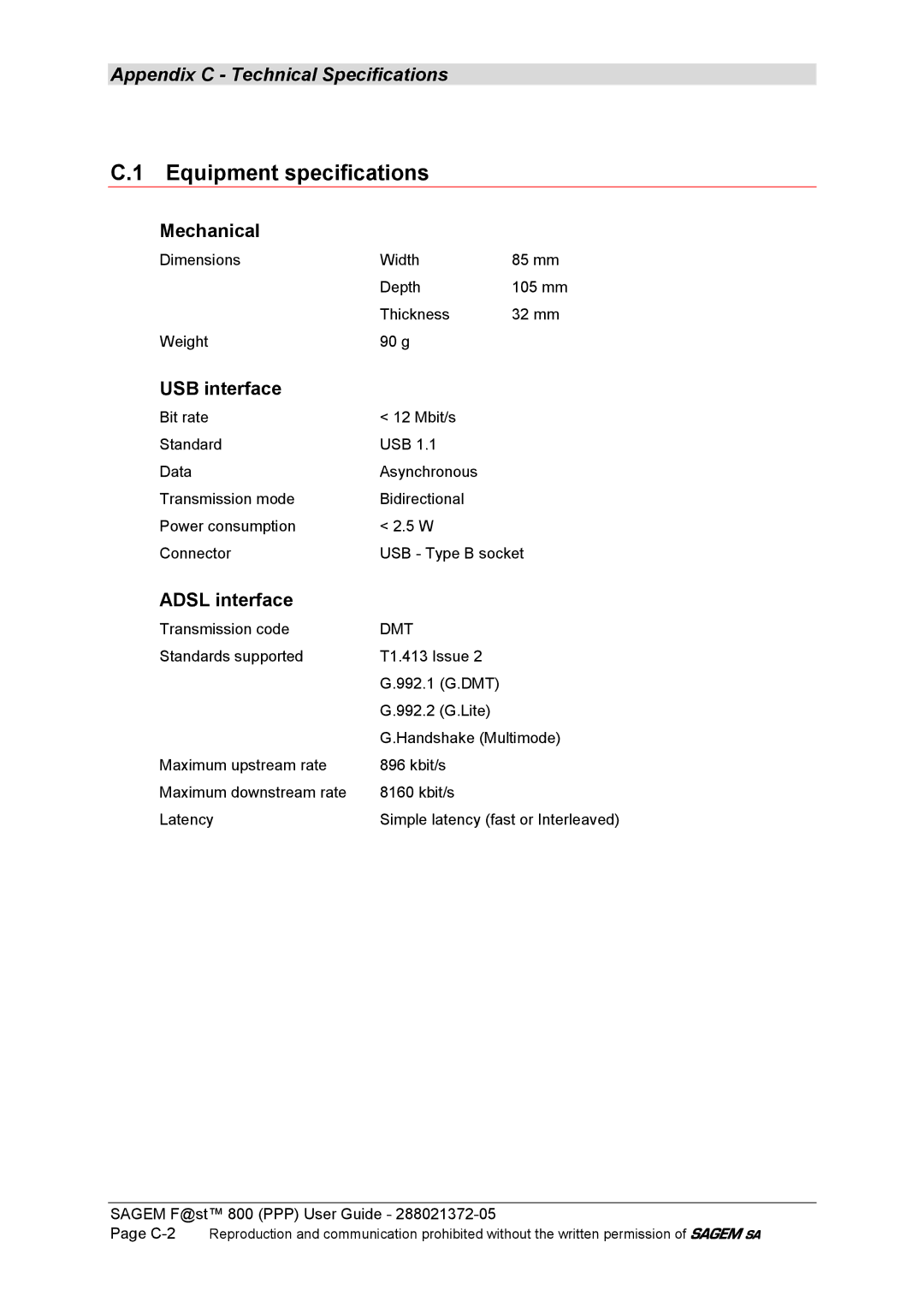 Sagem F@ST 800 manual Equipment specifications, Mechanical, USB interface, Adsl interface 