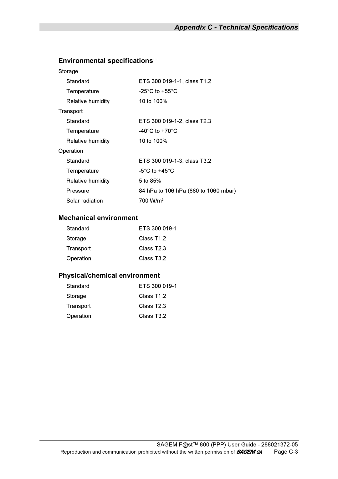 Sagem F@ST 800 manual Environmental specifications, Mechanical environment, Physical/chemical environment 