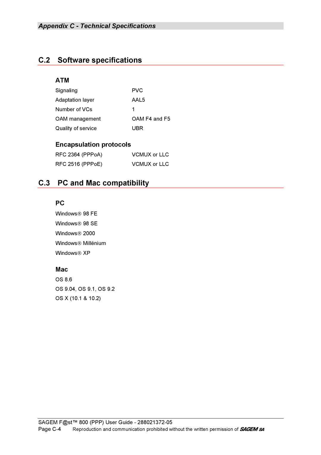 Sagem F@ST 800 manual Software specifications, PC and Mac compatibility, Encapsulation protocols 