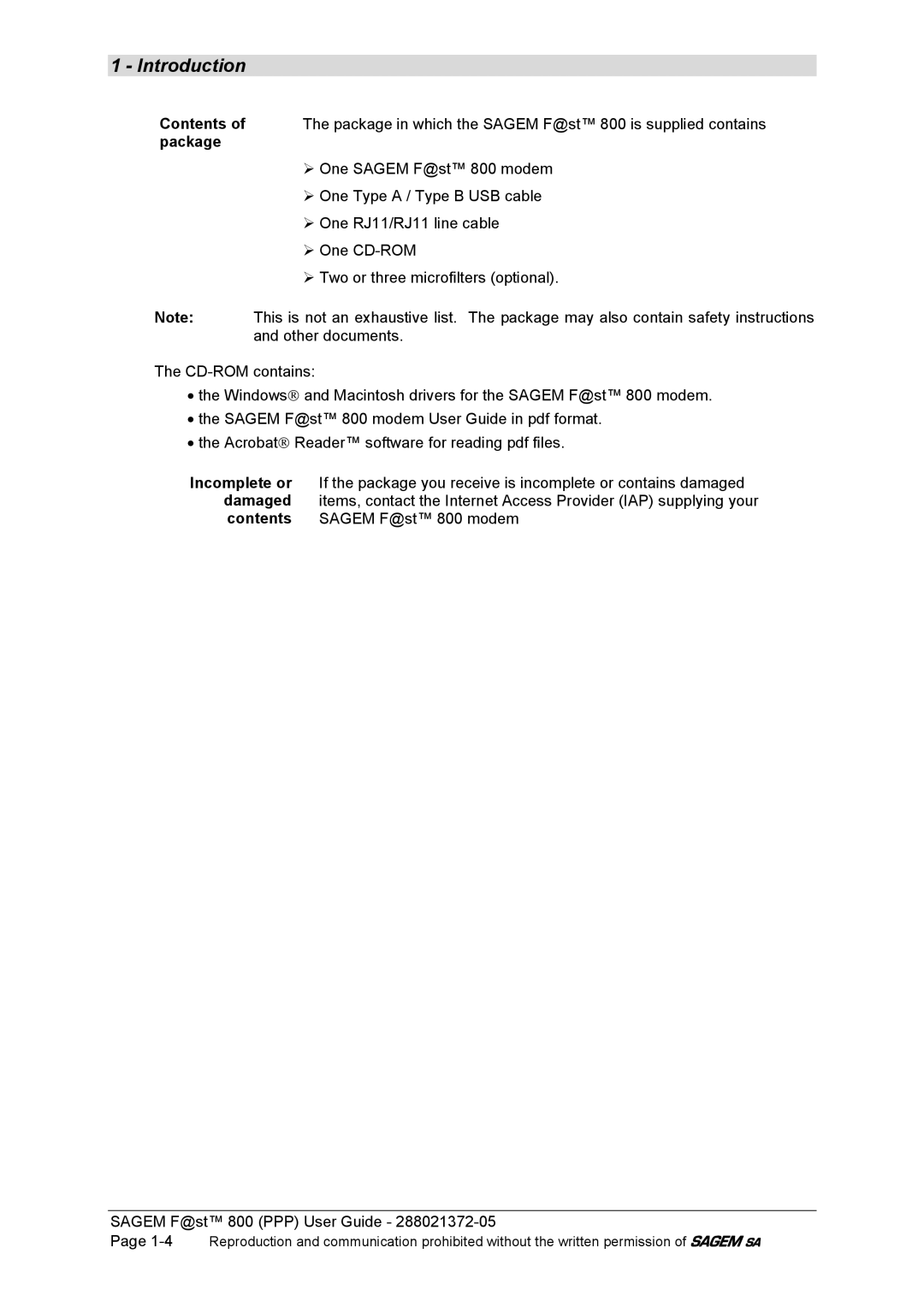 Sagem F@ST 800 manual Contents, Package 