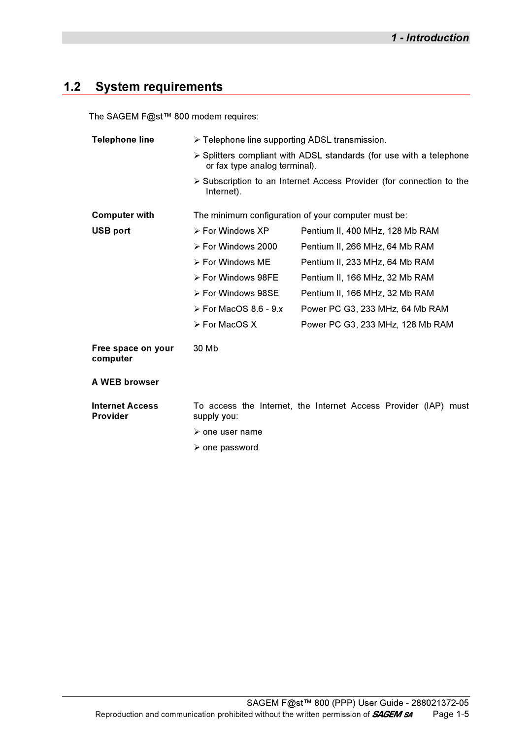 Sagem F@ST 800 manual System requirements 