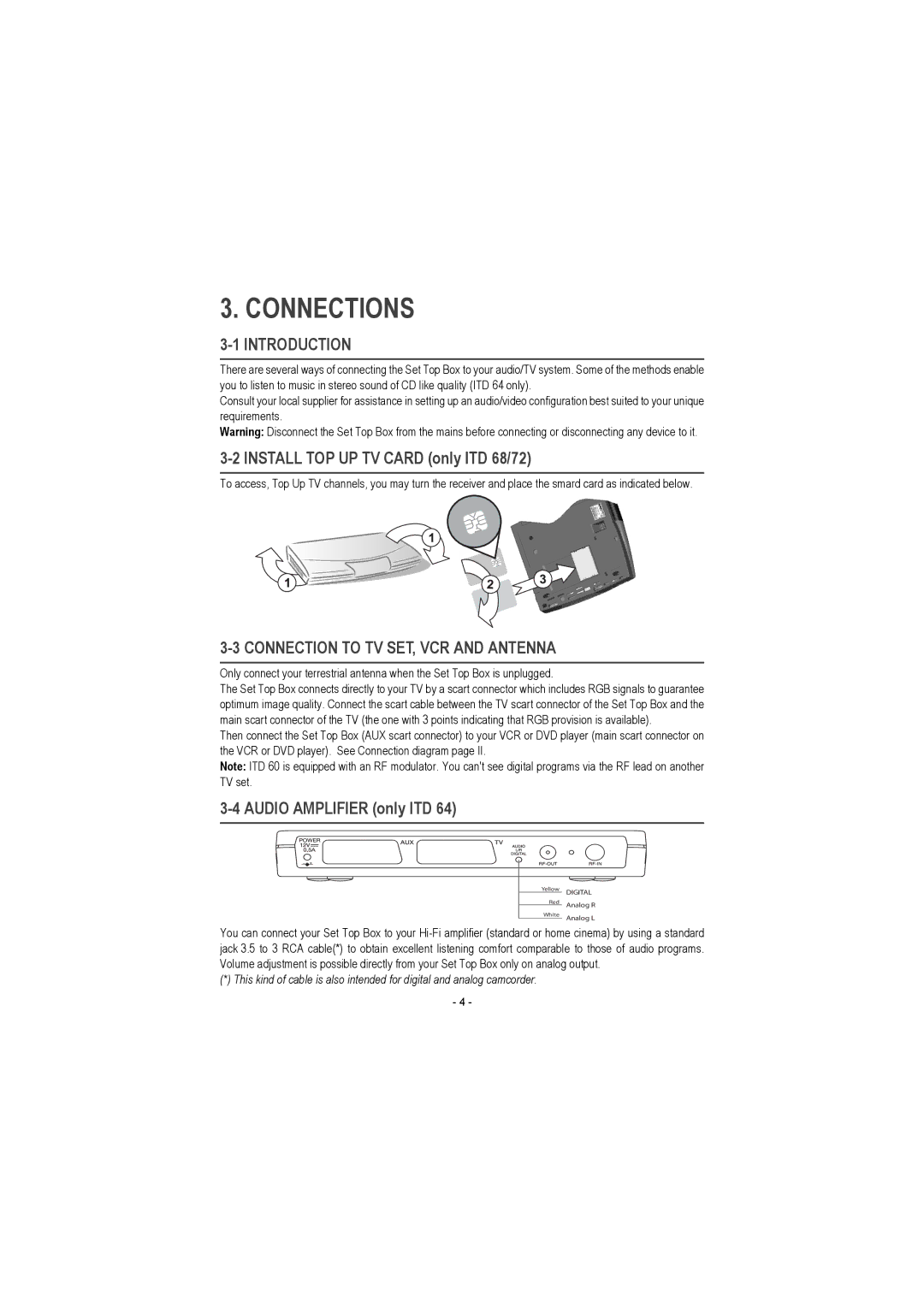 Sagem ITD 62, ITD 68, ITD 72, ITD 64, ITD 58, ITD 61, ITD 59 Connections, Introduction, Connection to TV SET, VCR and Antenna 