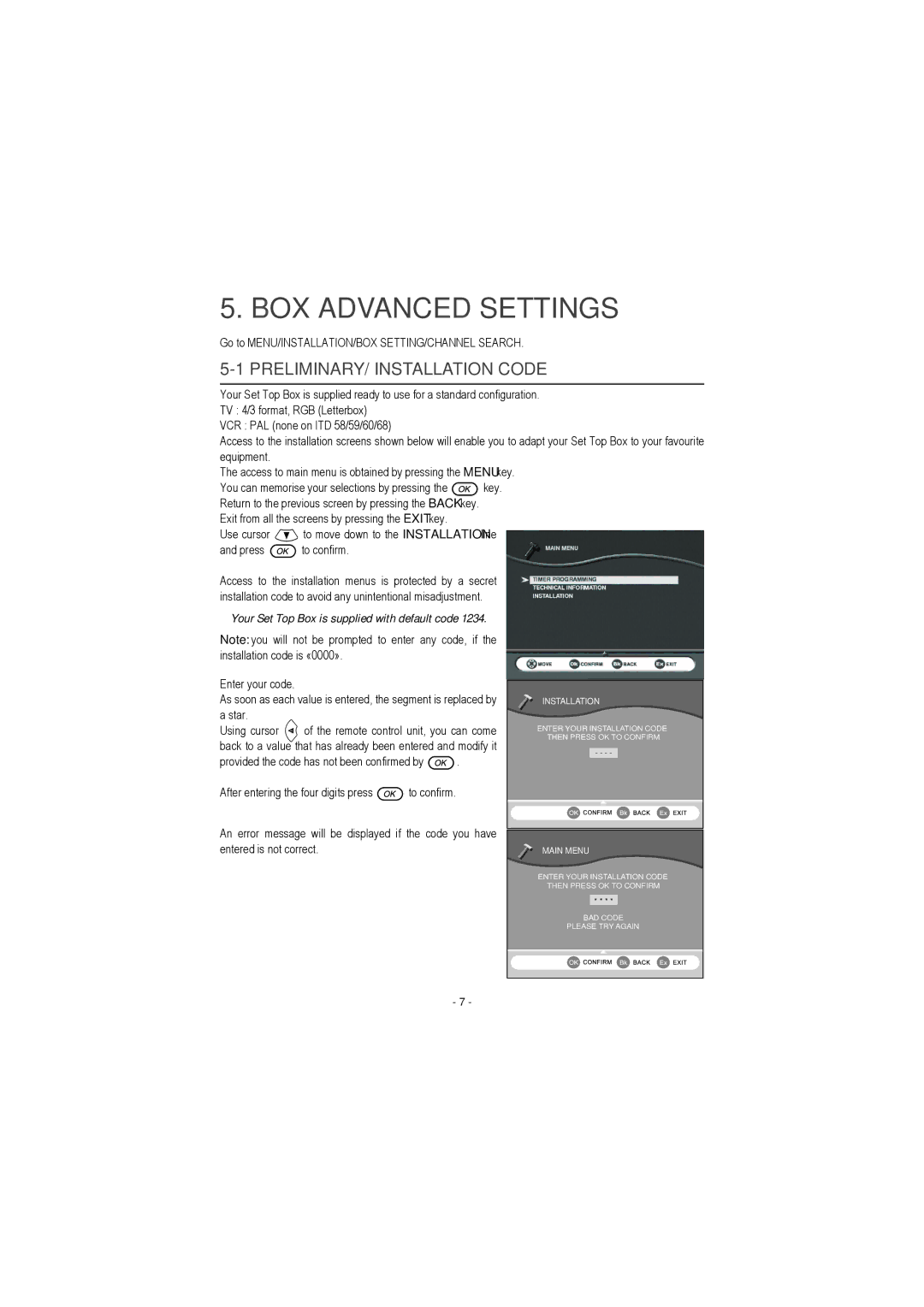 Sagem ITD 61, ITD 68, ITD 72, ITD 62, ITD 64, ITD 58, ITD 59, ITD 60 manual BOX Advanced Settings, PRELIMINARY/ Installation Code 