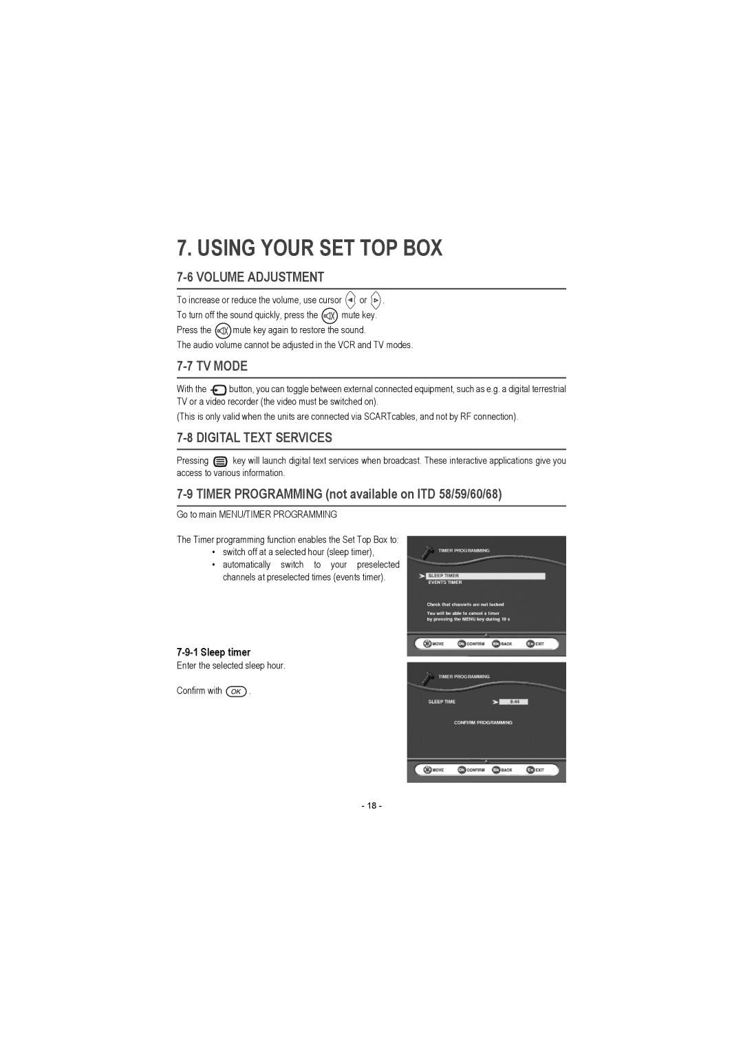 Sagem ITD 68, ITD 72, ITD 62, ITD 64, ITD 58, ITD 61, ITD 59 Volume Adjustment, TV Mode, Digital Text Services, Sleep timer 