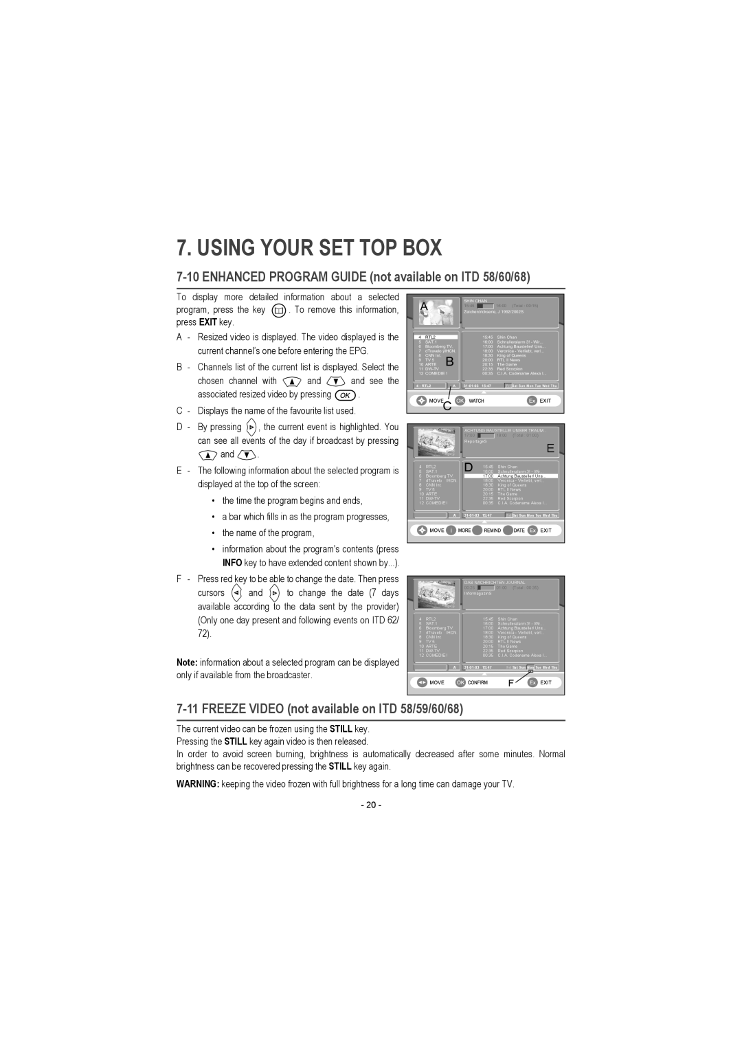 Sagem ITD 62, ITD 68, ITD 72, ITD 64, ITD 61, ITD 59, ITD 60 manual Enhanced Program Guide not available on ITD 58/60/68 