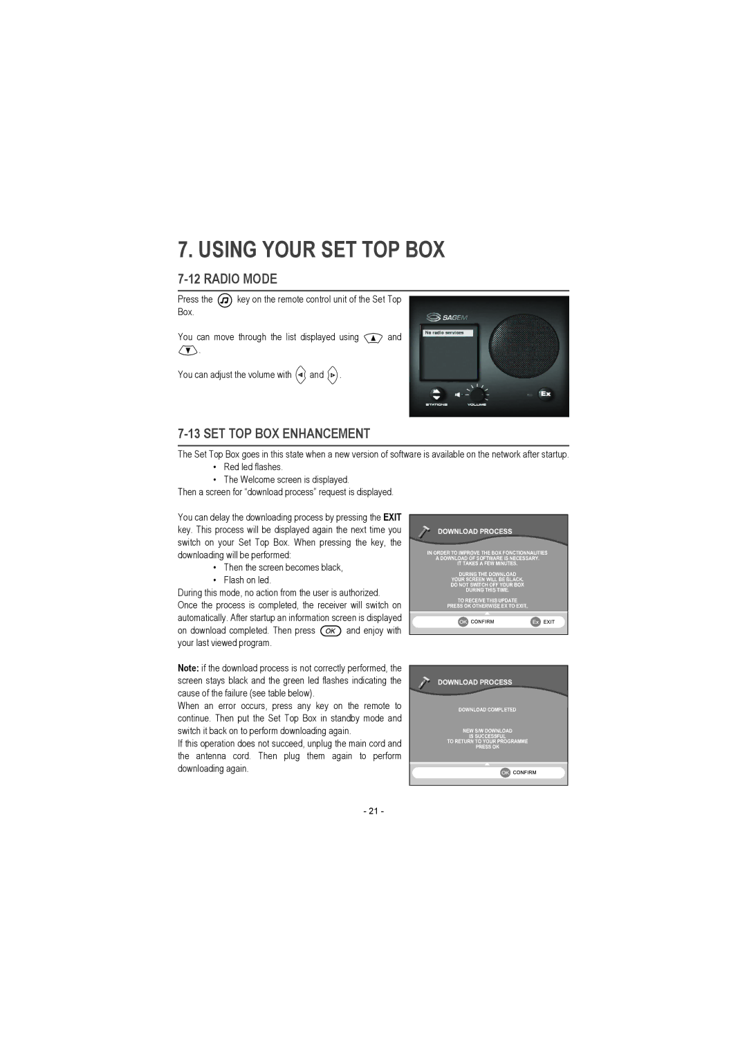 Sagem ITD 64, ITD 68, ITD 72, ITD 62, ITD 58, ITD 61, ITD 59, ITD 60 manual Radio Mode, SET TOP BOX Enhancement 