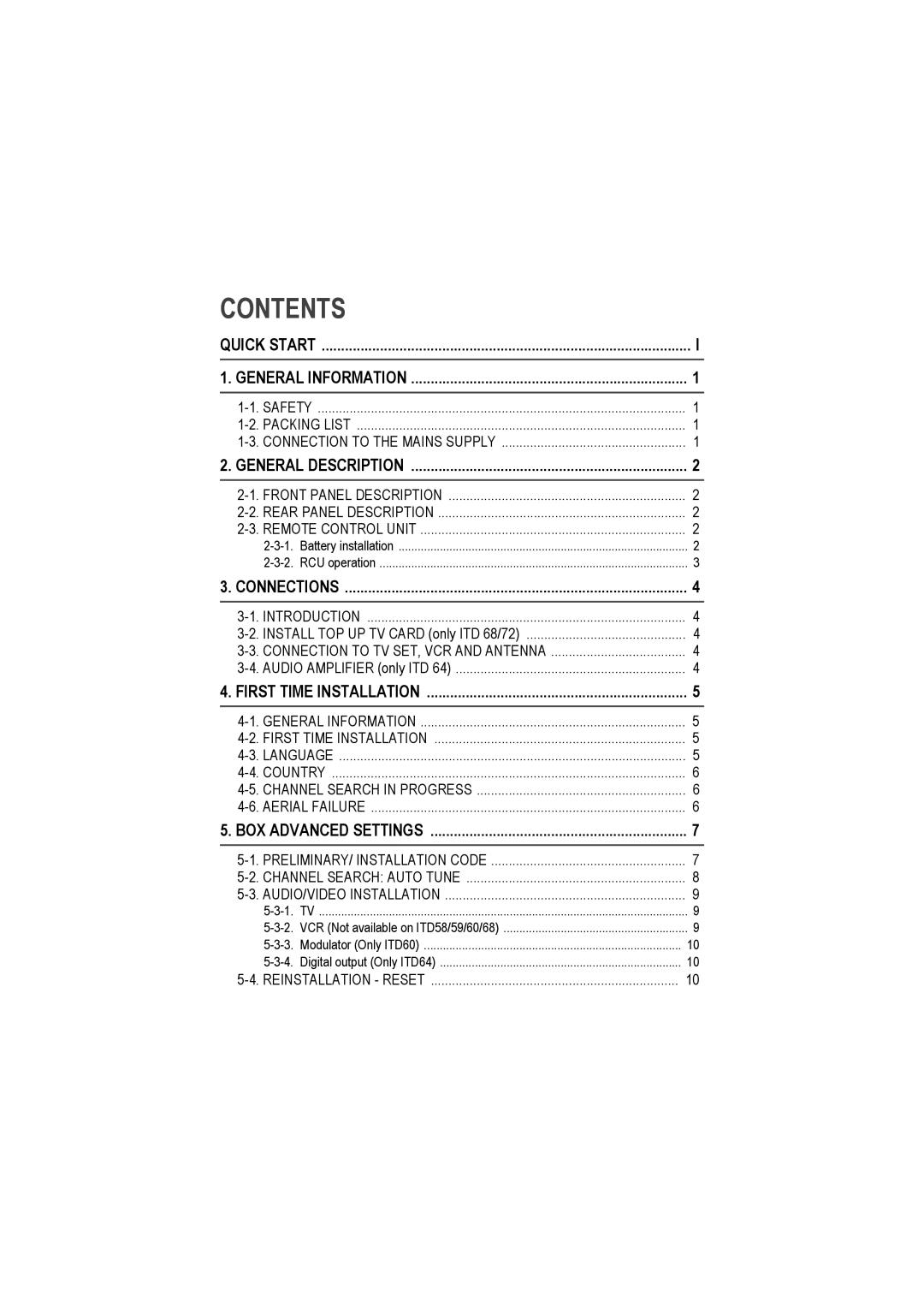 Sagem ITD 61, ITD 68, ITD 72, ITD 62, ITD 64, ITD 58, ITD 59, ITD 60 manual Contents 