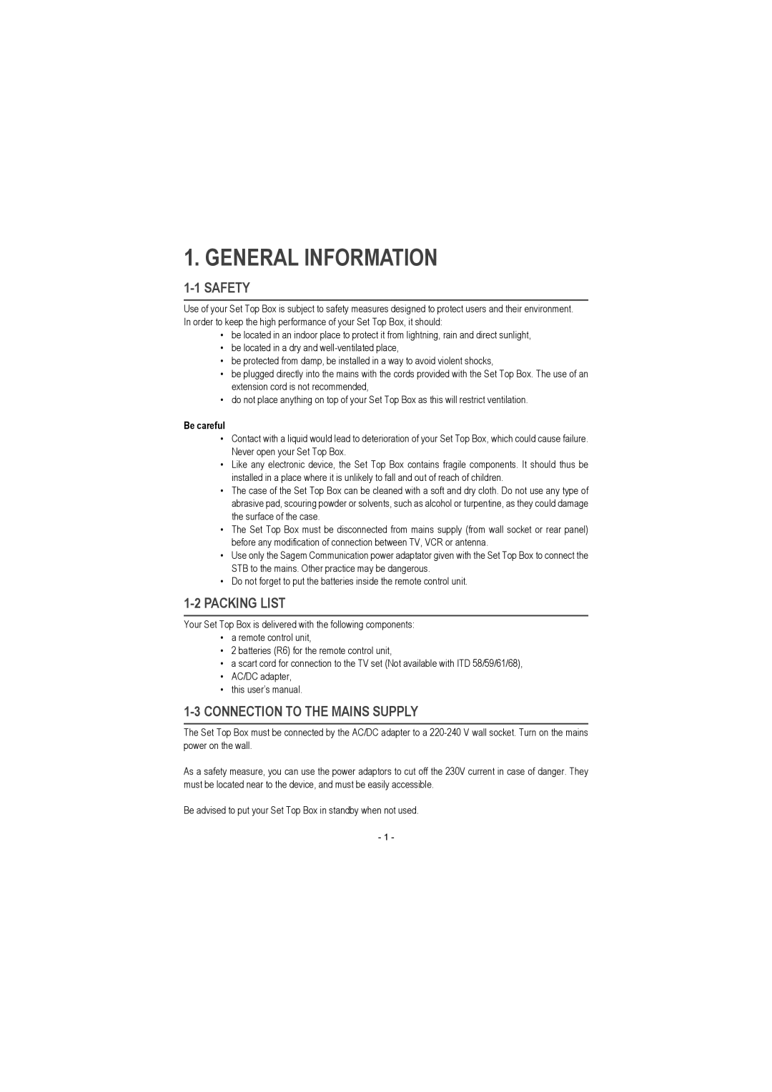 Sagem ITD 60, ITD 68, ITD 72, ITD 62, ITD 64, ITD 58 General Information, Safety, Packing List, Connection to the Mains Supply 