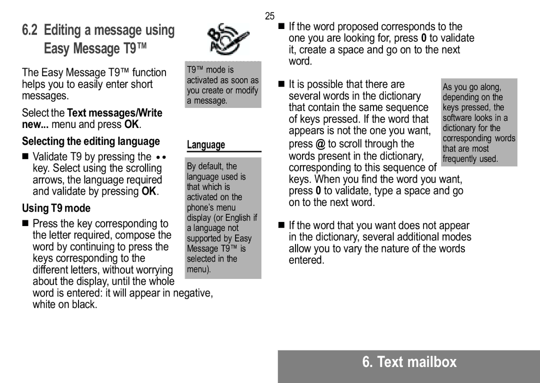 Sagem MW 304X, MW 302X manual Selecting the editing language, Using T9 mode 