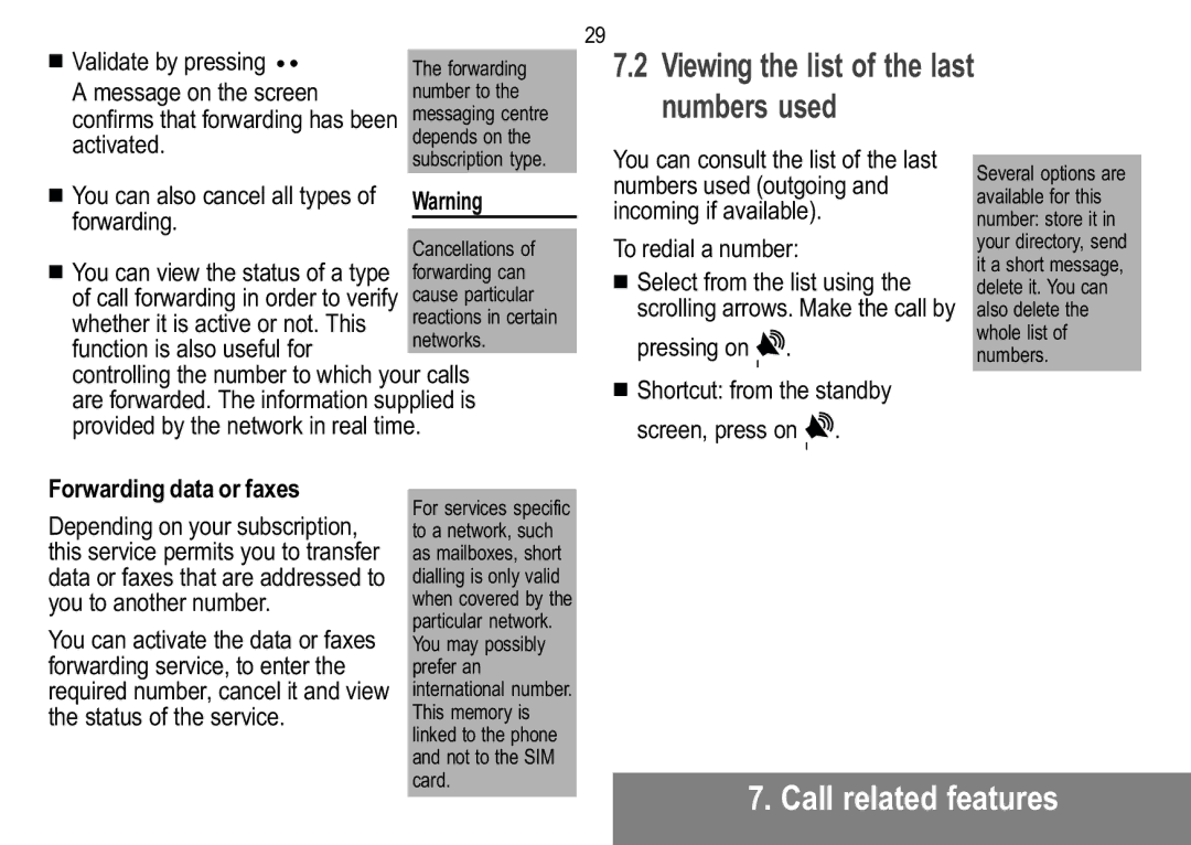 Sagem MW 304X Viewing the list of the last numbers used, You can also cancel all types of forwarding, To redial a number 