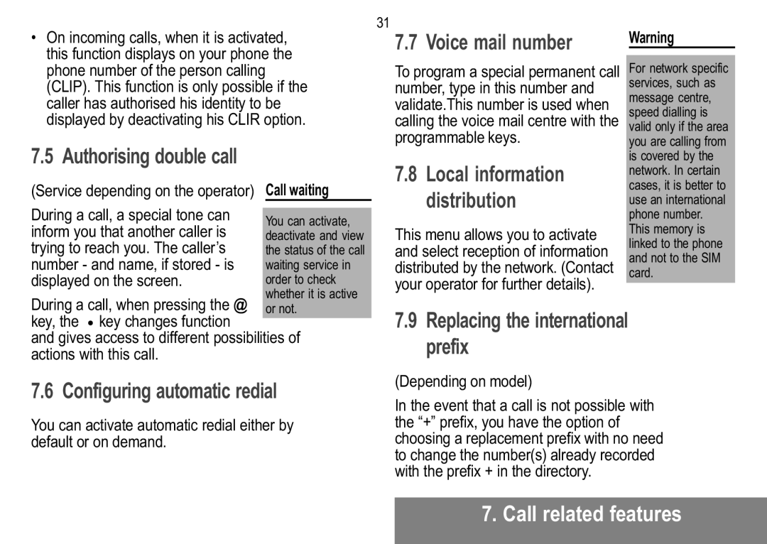 Sagem MW 304X Authorising double call, Voice mail number, Configuring automatic redial, Replacing the international prefix 