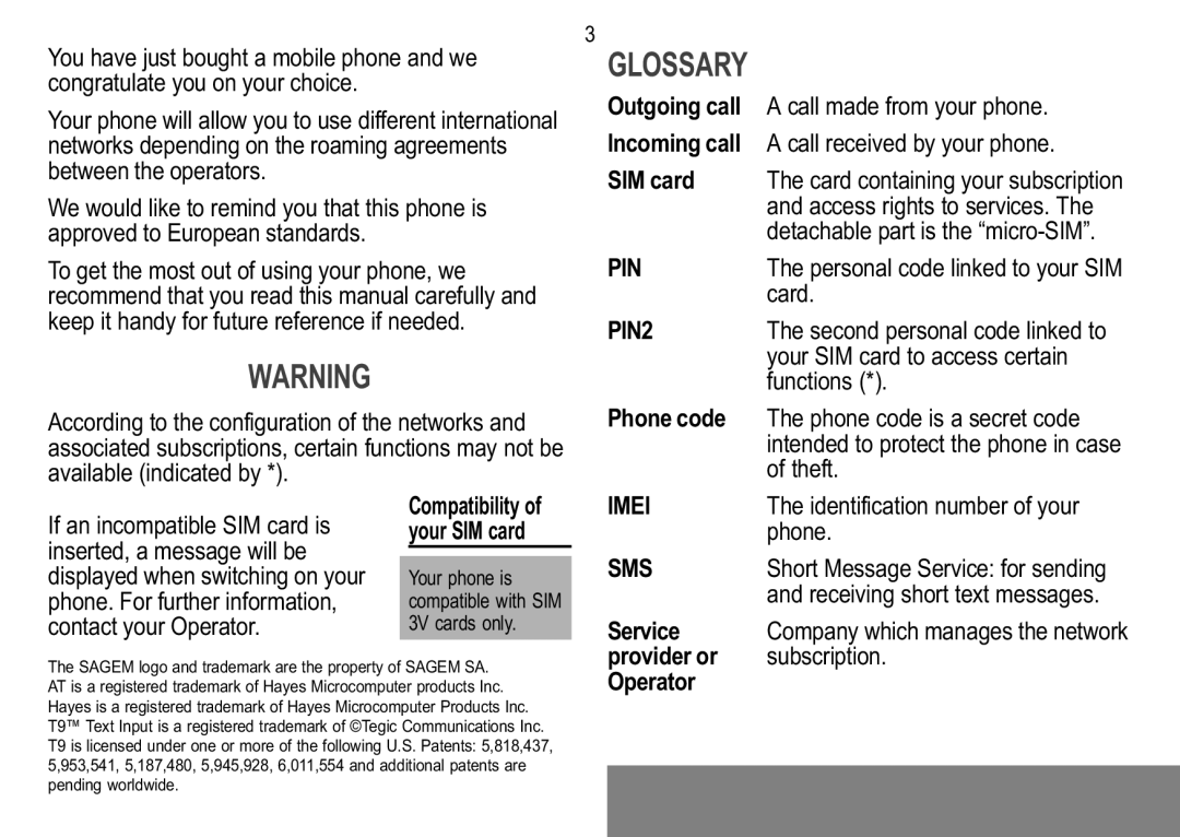 Sagem MW 304X manual Card, Your SIM card to access certain, Functions, Phone code, Theft, Service, Provider or Subscription 