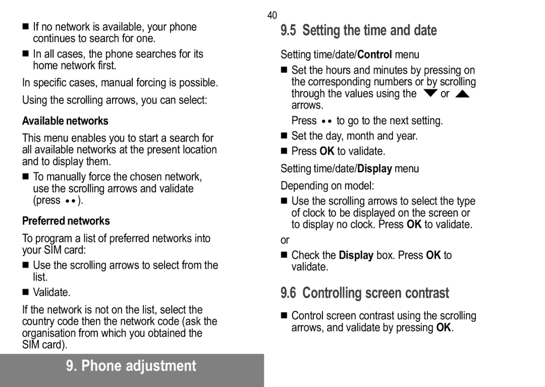 Sagem MW 302X, MW 304X manual Setting the time and date, Controlling screen contrast, Setting time/date/Control menu 