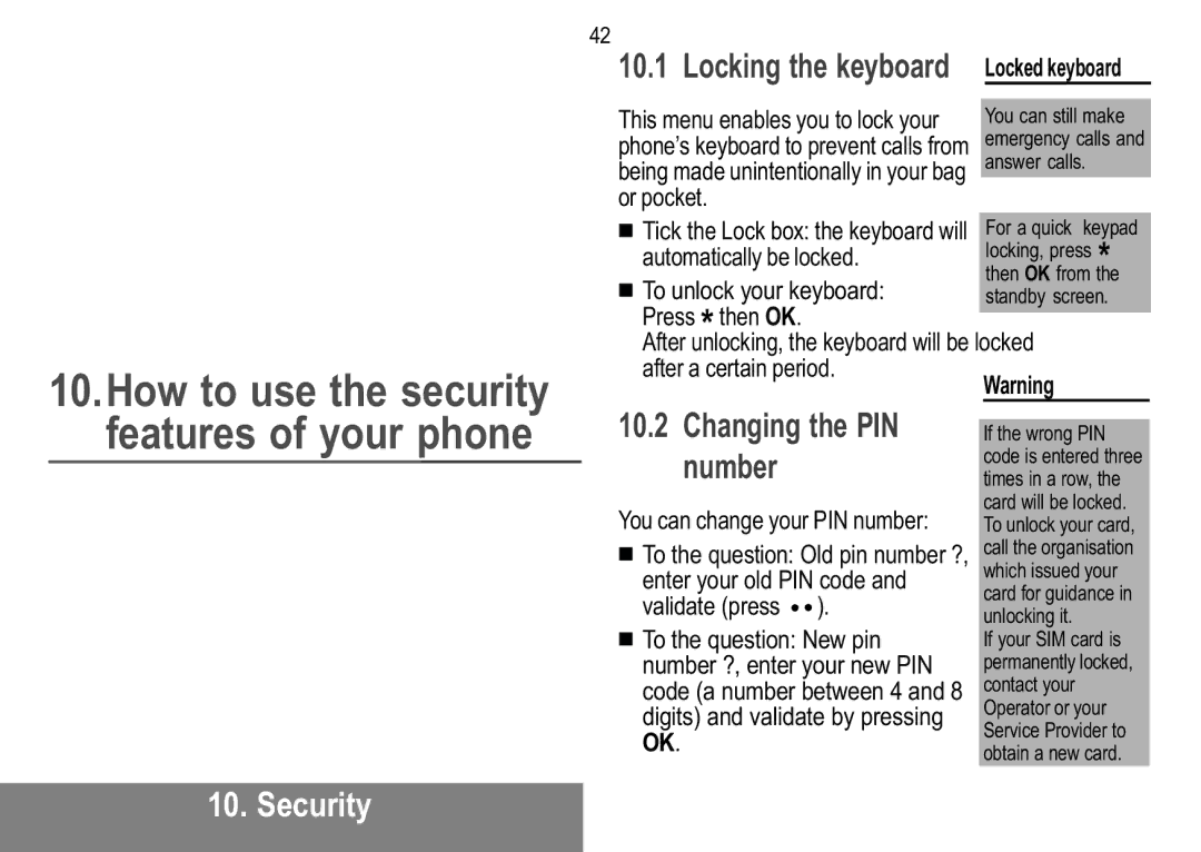 Sagem MW 302X, MW 304X manual Changing the PIN, Number, Security, Locking the keyboard 