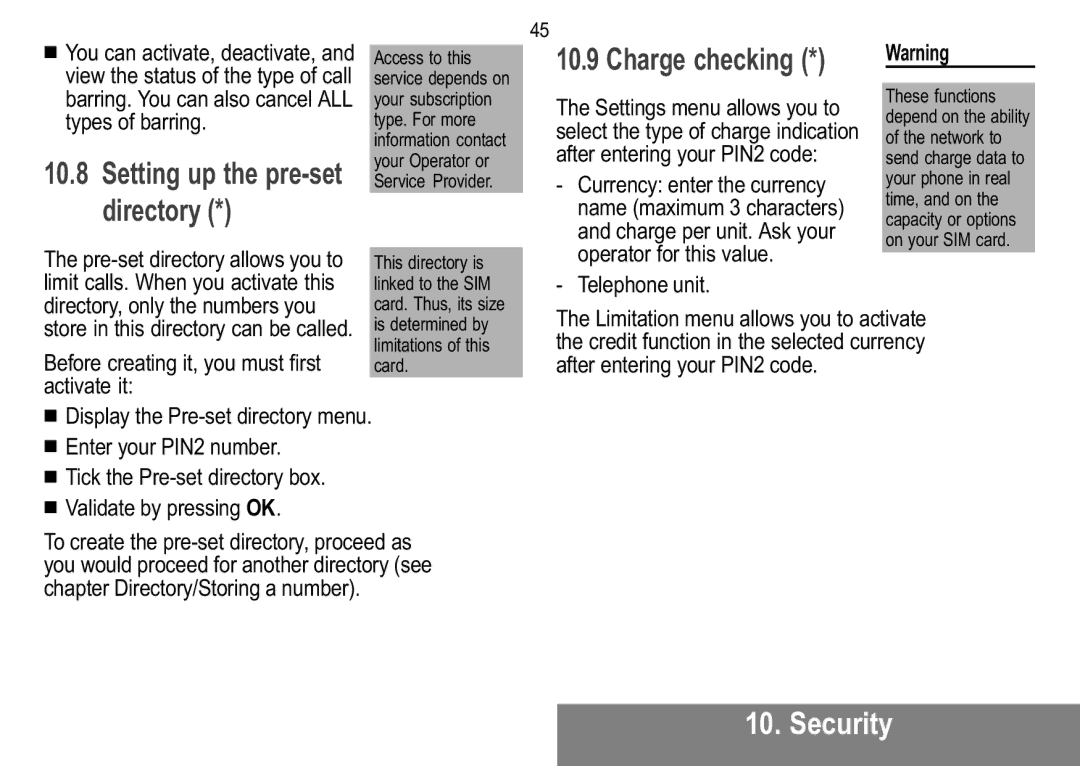 Sagem MW 304X, MW 302X manual Charge checking, Setting up the pre-set directory 