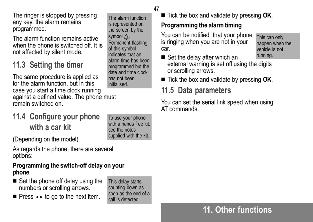 Sagem MW 304X, MW 302X manual Setting the timer, Data parameters, Configure your phone with a car kit 