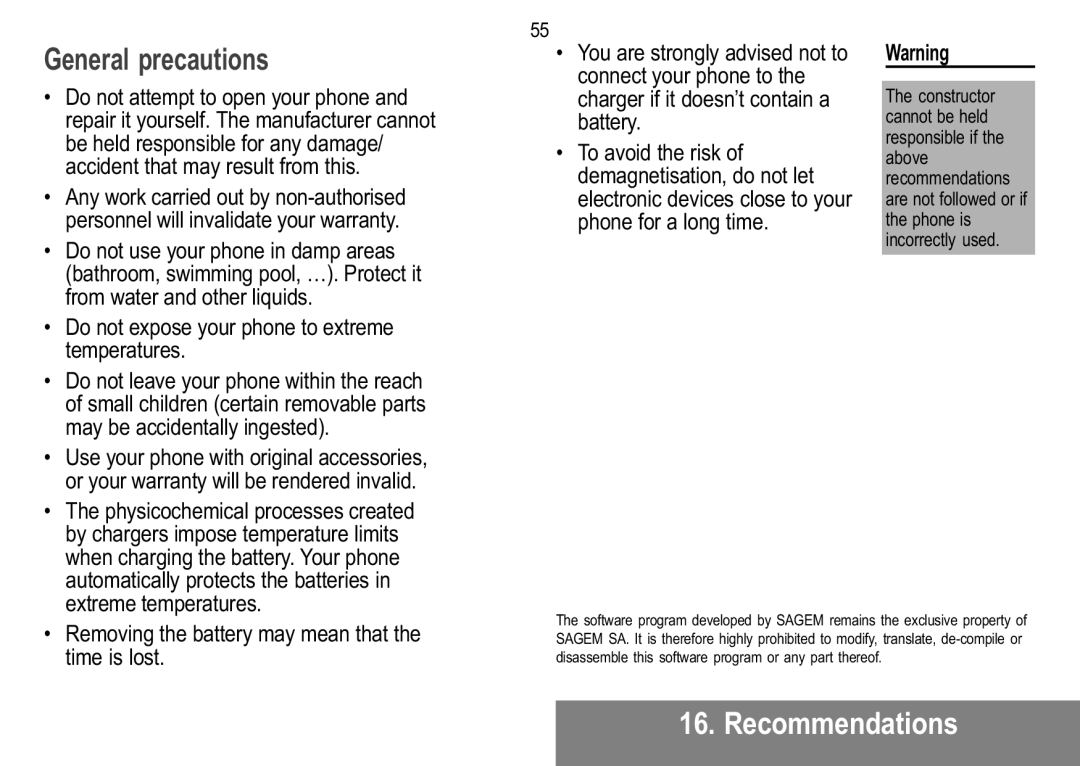 Sagem MW 304X, MW 302X manual General precautions 