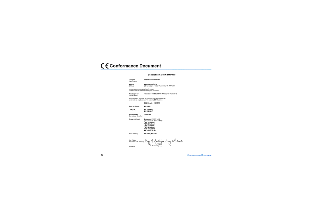 Sagem MY X6-2 manual Conformance Document 