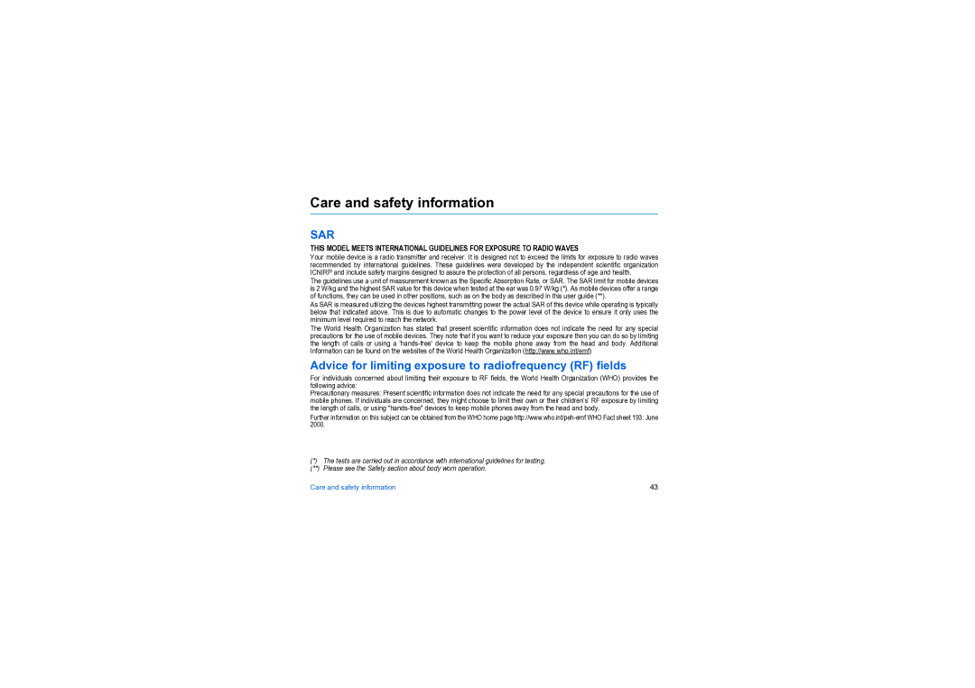 Sagem MY X6-2 manual Care and safety information, Advice for limiting exposure to radiofrequency RF fields 