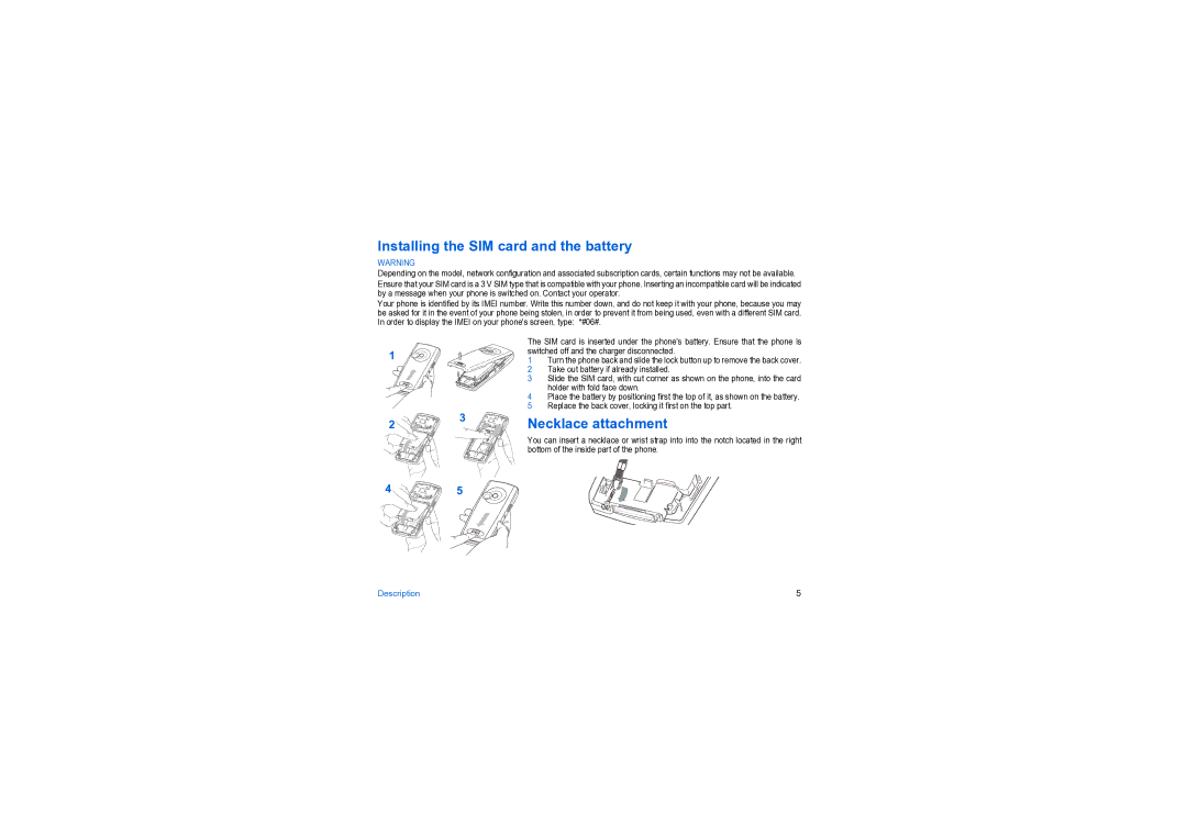 Sagem MY X6-2 manual Installing the SIM card and the battery, Necklace attachment 