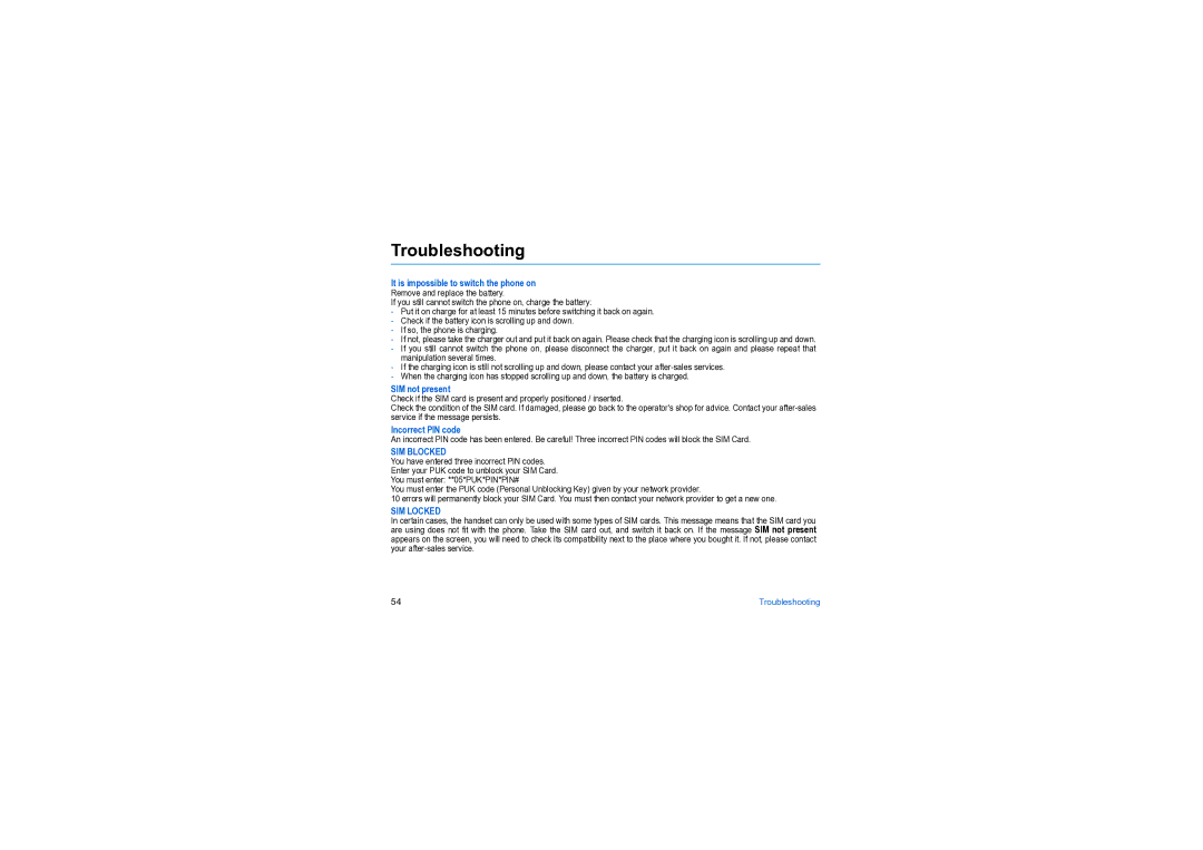 Sagem MY X6-2 manual Troubleshooting, It is impossible to switch the phone on, SIM not present, Incorrect PIN code 