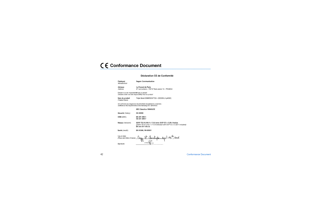 Sagem my405X manual Conformance Document 