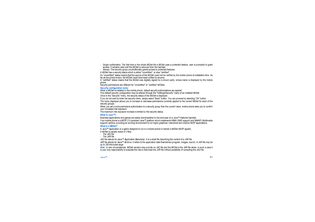Sagem my405X manual Security configuration menu, What is Java?, What is a MIDlet? 