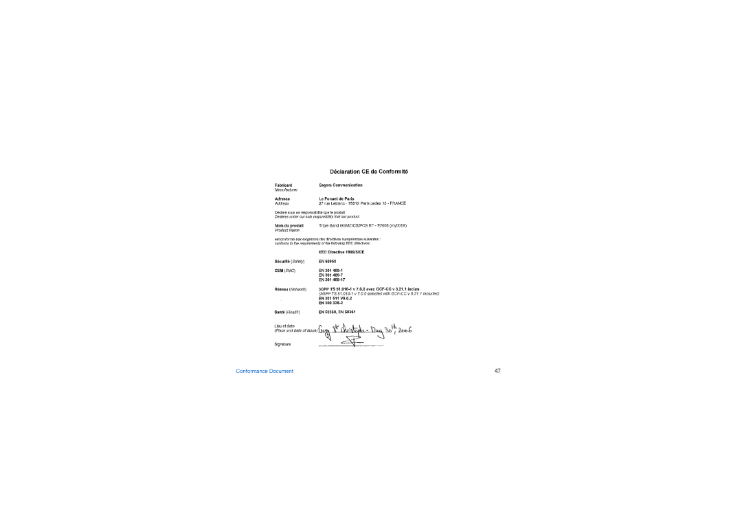 Sagem my501x, my500x manual Conformance Document 