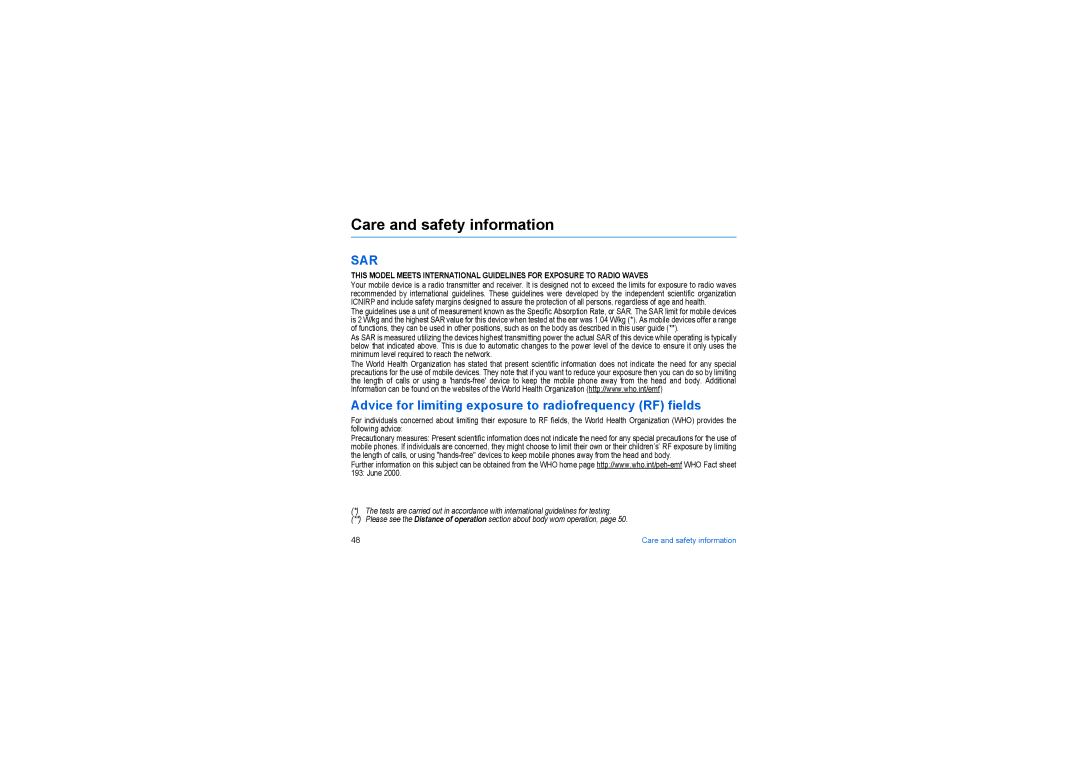 Sagem my500x, my501x manual Care and safety information, Advice for limiting exposure to radiofrequency RF fields 