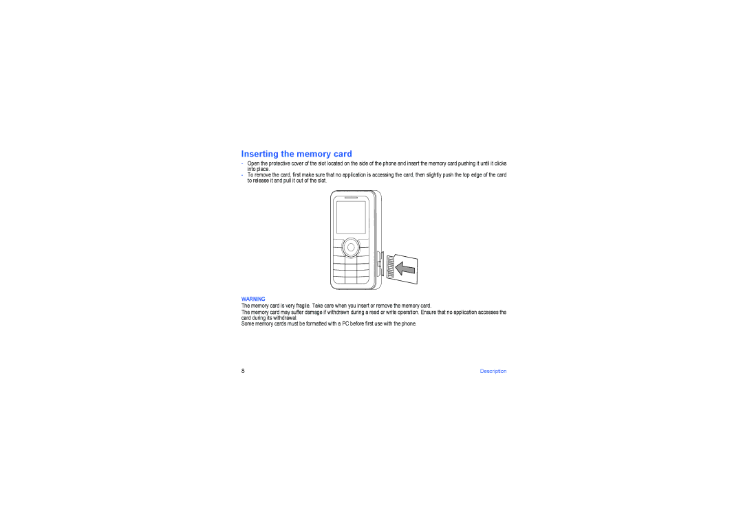 Sagem my500x, my501x manual Inserting the memory card 