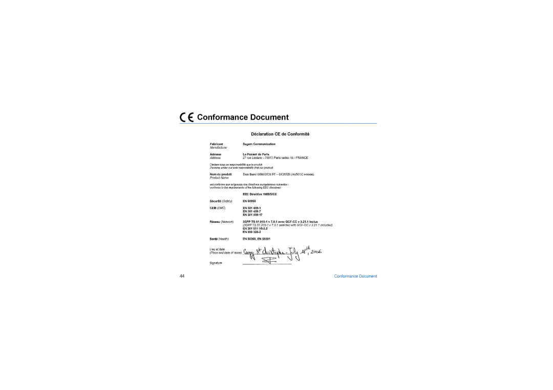 Sagem my501Ci manual Conformance Document 