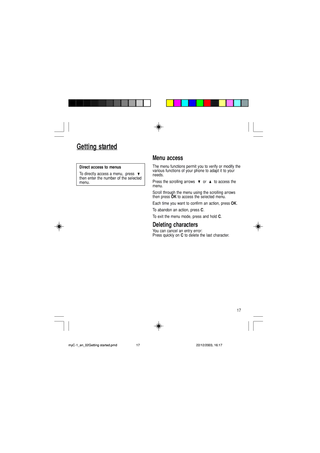 Sagem myC-1 manual Menu access, Deleting characters, Direct access to menus 